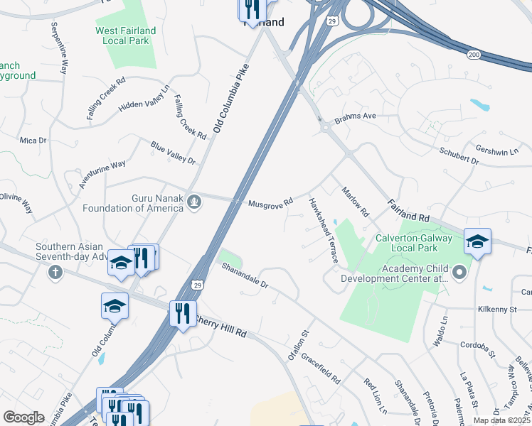 map of restaurants, bars, coffee shops, grocery stores, and more near 2505 Musgrove Road in Silver Spring