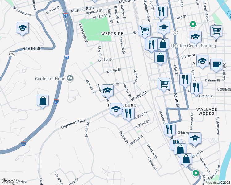 map of restaurants, bars, coffee shops, grocery stores, and more near 1818 Euclid Avenue in Covington