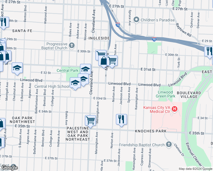 map of restaurants, bars, coffee shops, grocery stores, and more near 4001 Linwood Boulevard in Kansas City