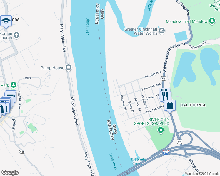 map of restaurants, bars, coffee shops, grocery stores, and more near 5749 Sanctuary Place in Cincinnati