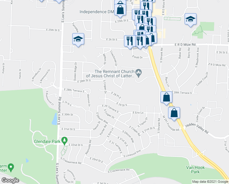 map of restaurants, bars, coffee shops, grocery stores, and more near 16604 East 28th Place in Independence