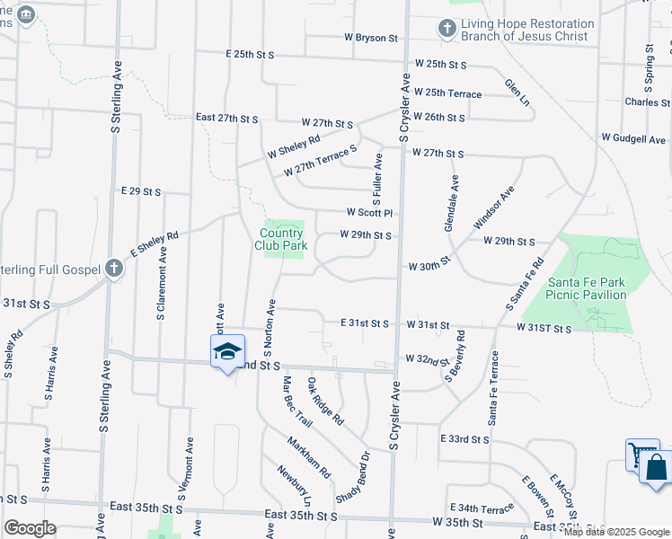 map of restaurants, bars, coffee shops, grocery stores, and more near 1323 West 29th Terrace South in Independence