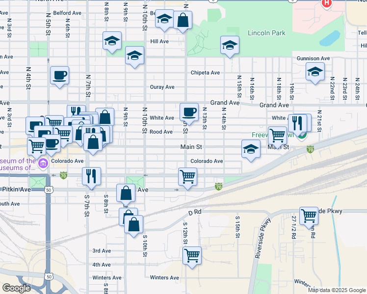 map of restaurants, bars, coffee shops, grocery stores, and more near 1181 Main Street in Grand Junction