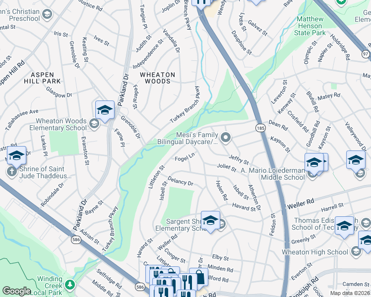 map of restaurants, bars, coffee shops, grocery stores, and more near 12827 Littleton Street in Silver Spring