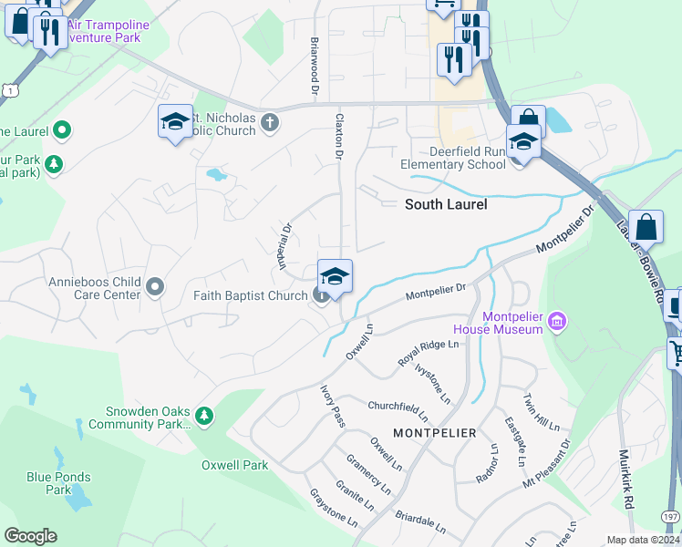 map of restaurants, bars, coffee shops, grocery stores, and more near 12800 Claxton Drive in Laurel