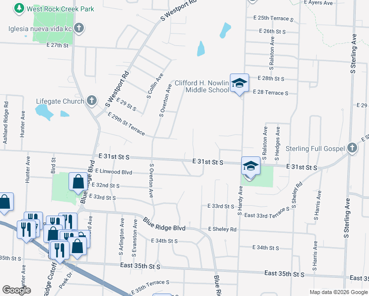 map of restaurants, bars, coffee shops, grocery stores, and more near 9930 East 31st Street South in Independence
