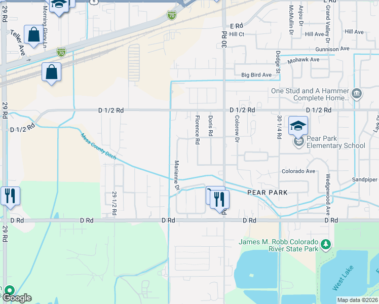 map of restaurants, bars, coffee shops, grocery stores, and more near 432 Placer Court in Grand Junction