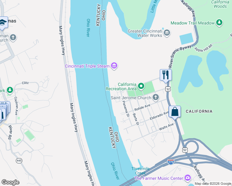 map of restaurants, bars, coffee shops, grocery stores, and more near 5731 Panama Street in Cincinnati