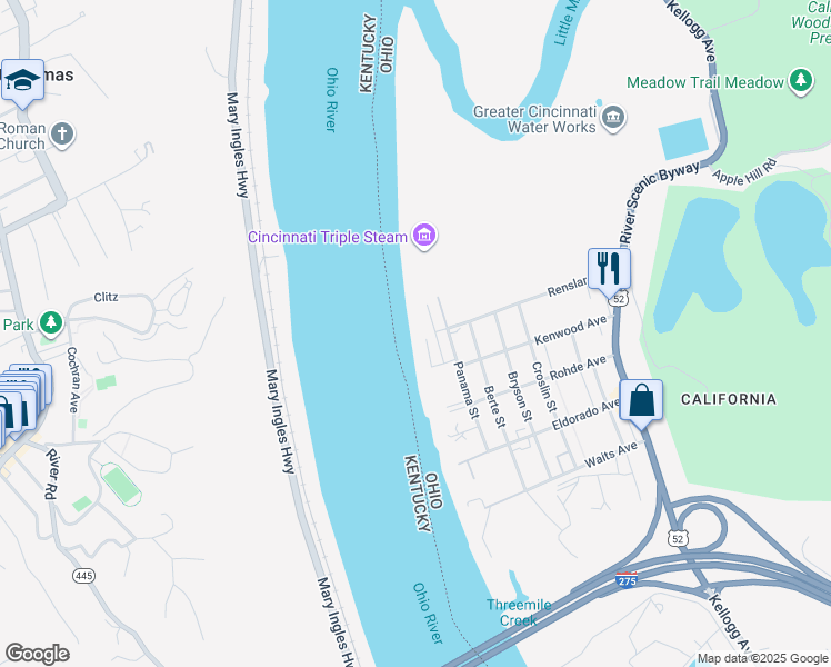 map of restaurants, bars, coffee shops, grocery stores, and more near 5731 Panama Street in Cincinnati