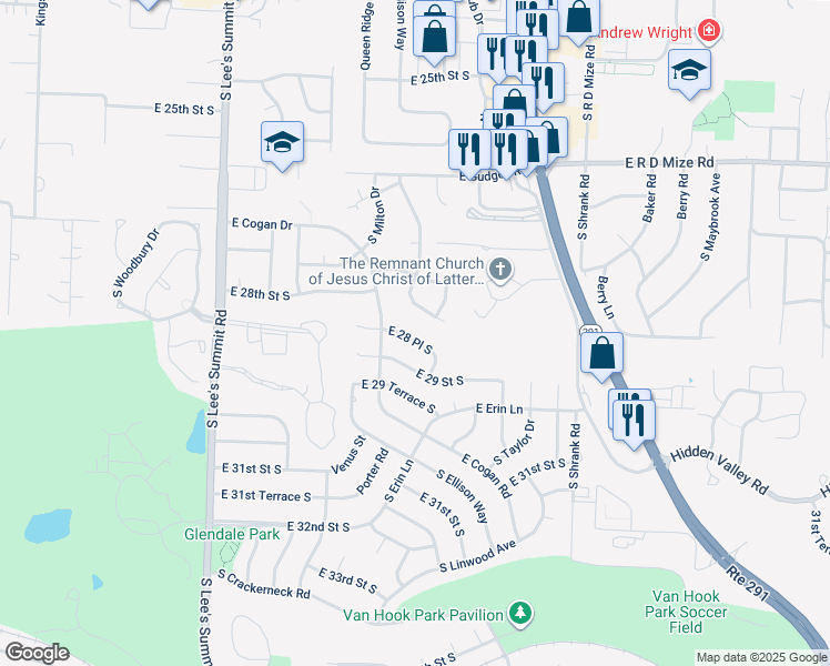 map of restaurants, bars, coffee shops, grocery stores, and more near 2764 South Coachman Drive in Independence