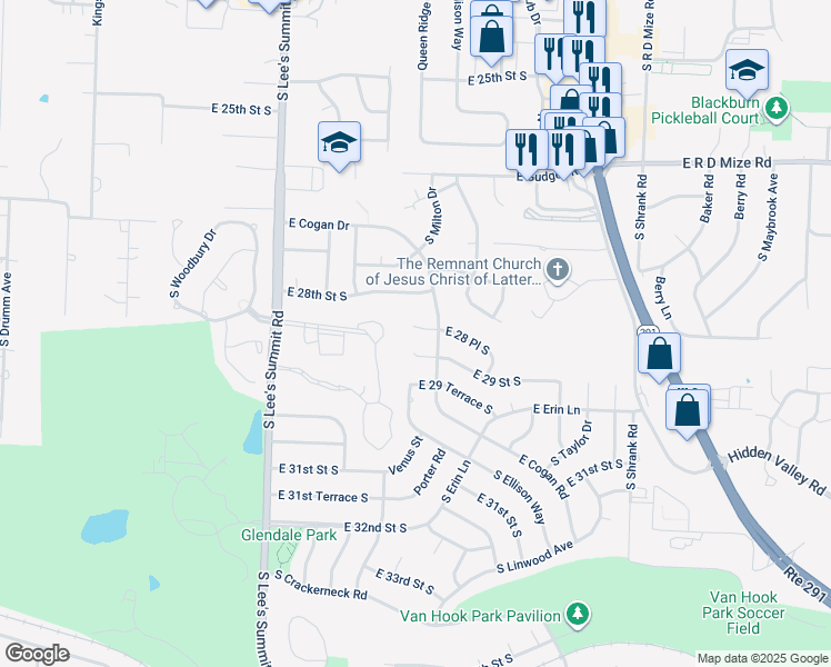 map of restaurants, bars, coffee shops, grocery stores, and more near 16423 East 28th Terrace Court in Independence