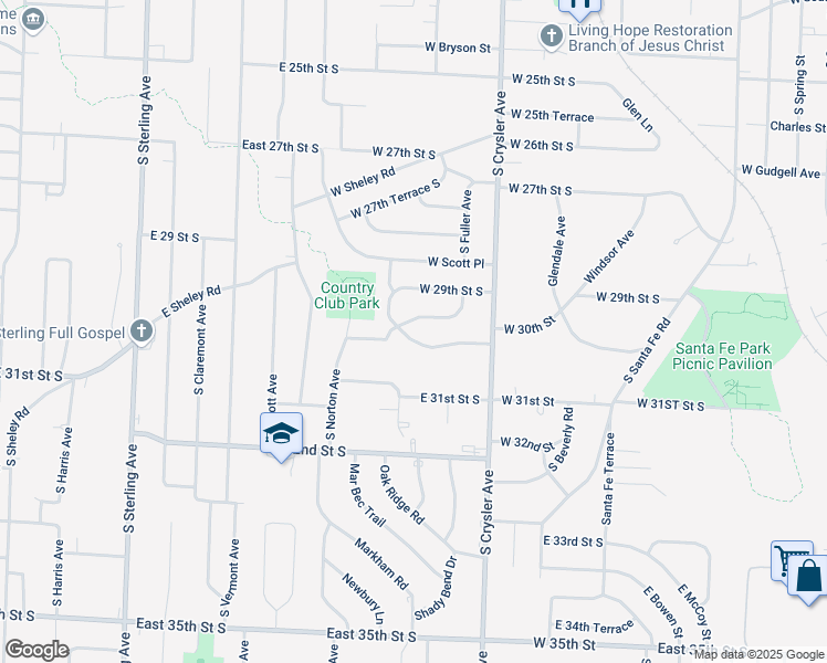 map of restaurants, bars, coffee shops, grocery stores, and more near 1323 West 29th Terrace South in Independence