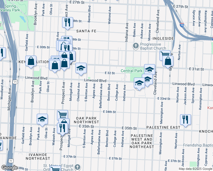 map of restaurants, bars, coffee shops, grocery stores, and more near 3115 Linwood Boulevard in Kansas City