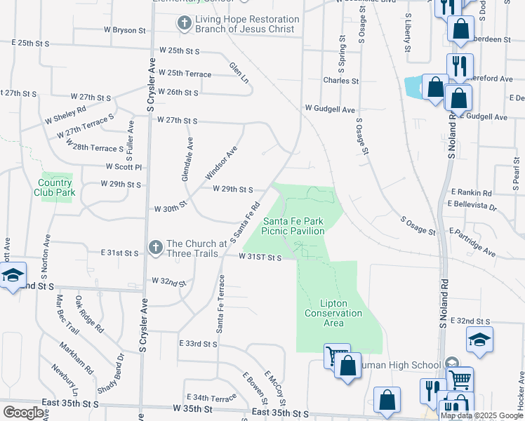 map of restaurants, bars, coffee shops, grocery stores, and more near 2910 South Santa Fe Road in Independence