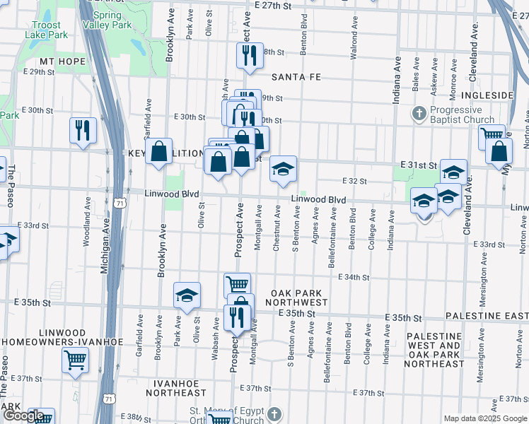 map of restaurants, bars, coffee shops, grocery stores, and more near 3212 Chestnut Avenue in Kansas City