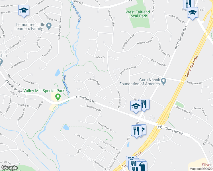 map of restaurants, bars, coffee shops, grocery stores, and more near 2008 Aventurine Way in Silver Spring