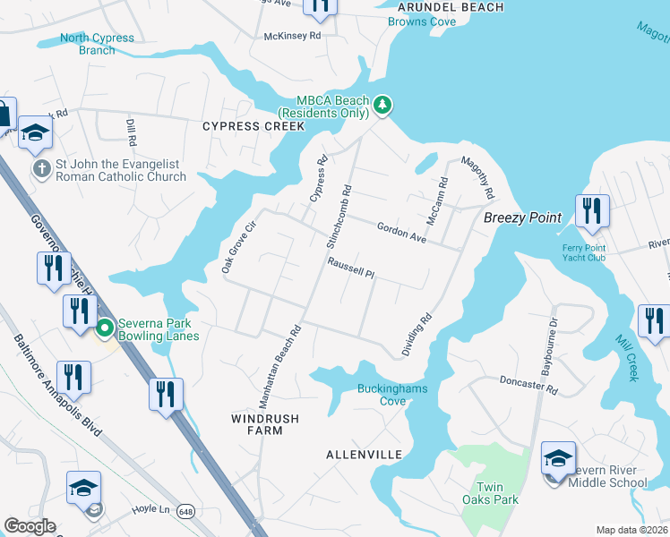 map of restaurants, bars, coffee shops, grocery stores, and more near 303 Raussell Place in Severna Park