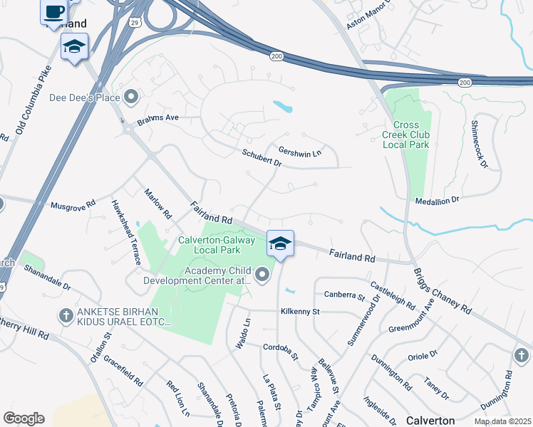 map of restaurants, bars, coffee shops, grocery stores, and more near 3018 Memory Lane in Silver Spring