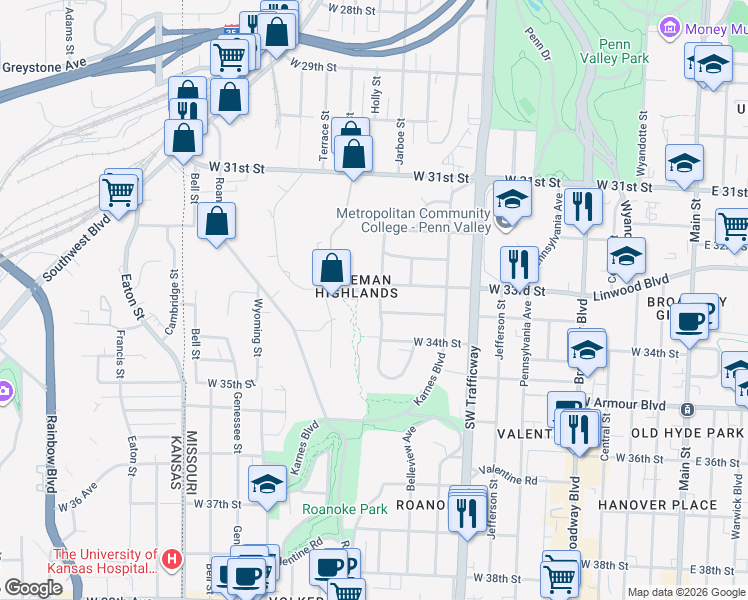 map of restaurants, bars, coffee shops, grocery stores, and more near 3308 West Coleman Road in Kansas City