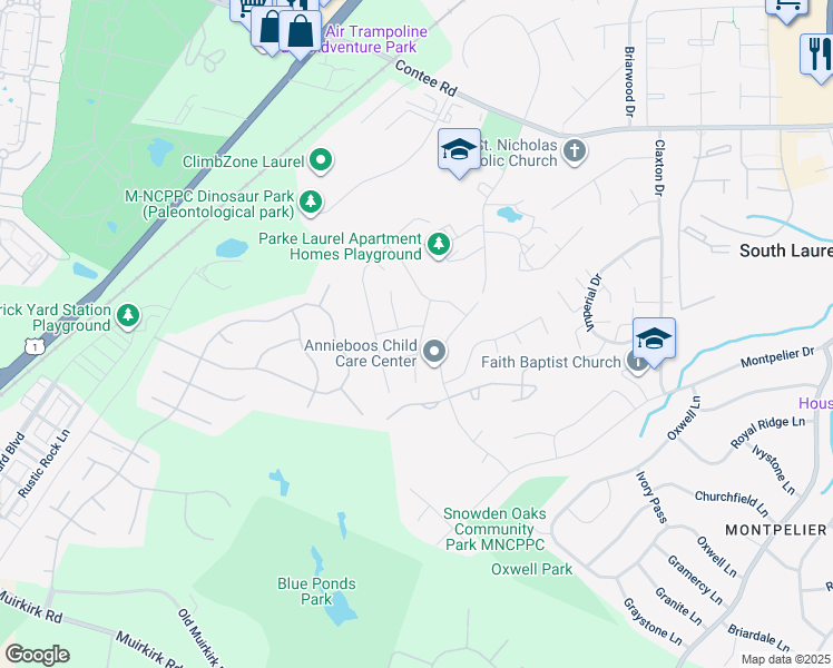 map of restaurants, bars, coffee shops, grocery stores, and more near 12904 Black Oak Drive in Laurel