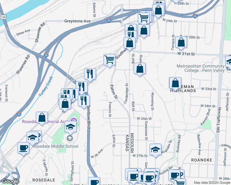 map of restaurants, bars, coffee shops, grocery stores, and more near 2943 Eaton Street in Kansas City
