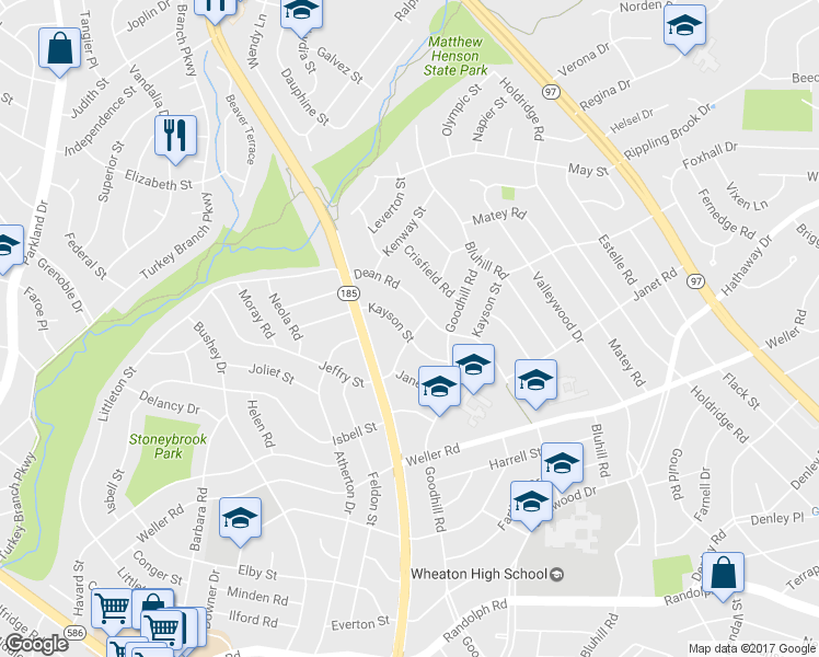 map of restaurants, bars, coffee shops, grocery stores, and more near 3701 Kayson Street in Silver Spring