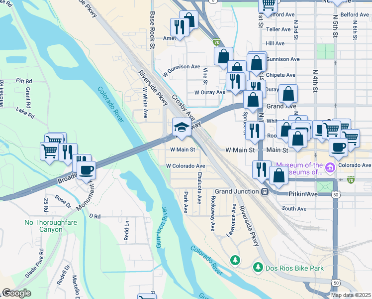 map of restaurants, bars, coffee shops, grocery stores, and more near 552 West Main Street in Grand Junction
