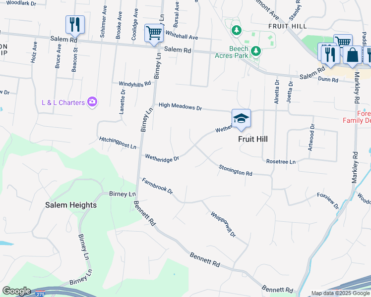 map of restaurants, bars, coffee shops, grocery stores, and more near 6798 Wetheridge Drive in Cincinnati