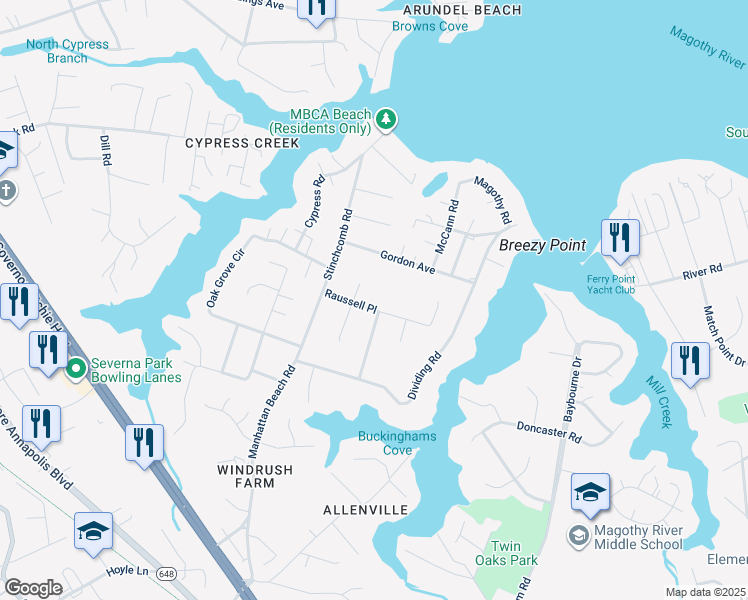 map of restaurants, bars, coffee shops, grocery stores, and more near 310 Raussell Pl in Severna Park