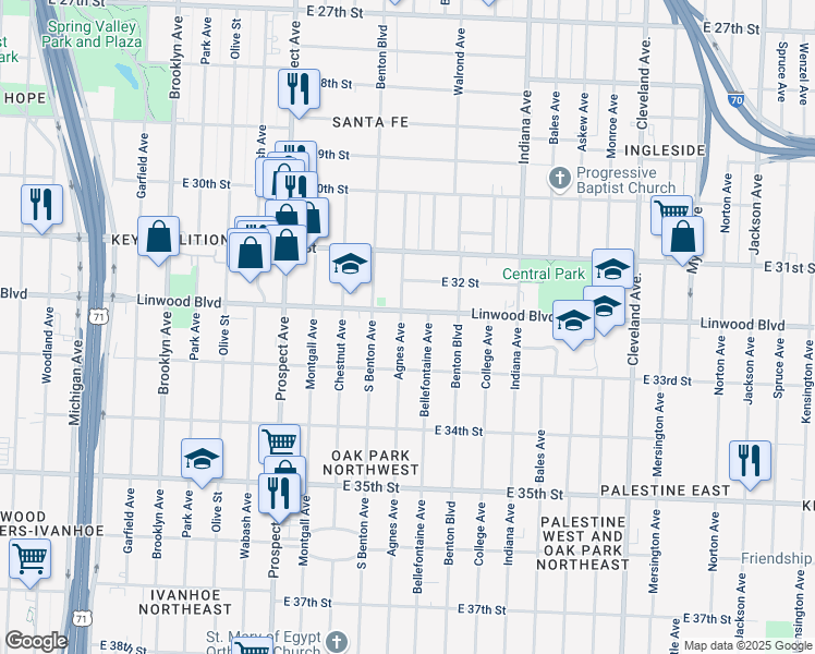 map of restaurants, bars, coffee shops, grocery stores, and more near 3203 Agnes Avenue in Kansas City