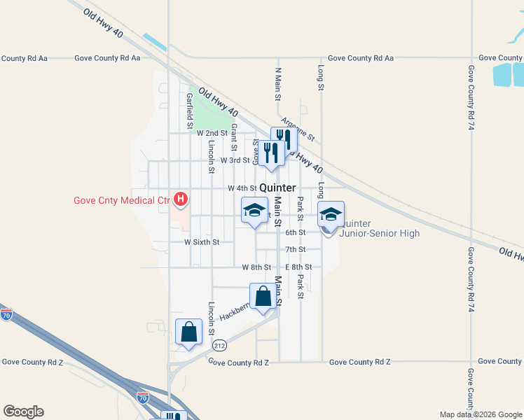 map of restaurants, bars, coffee shops, grocery stores, and more near 400-498 Gove Street in Quinter