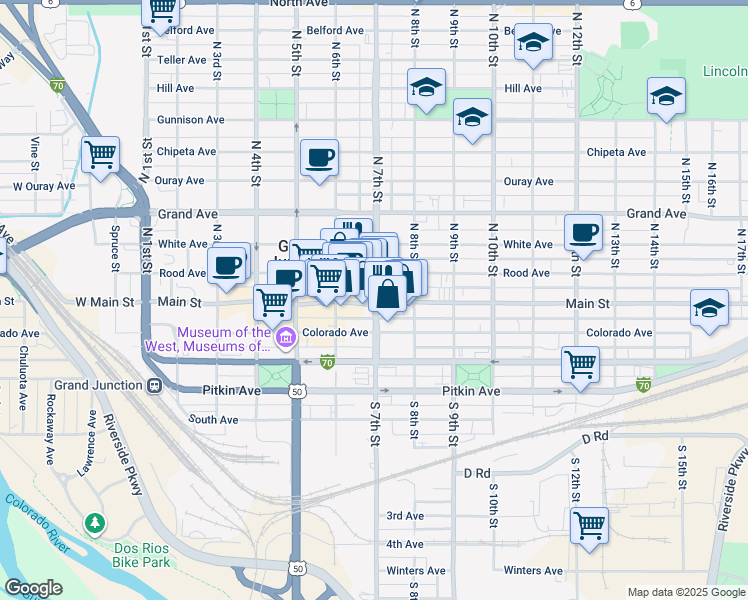 map of restaurants, bars, coffee shops, grocery stores, and more near 119 North 7th Street in Grand Junction