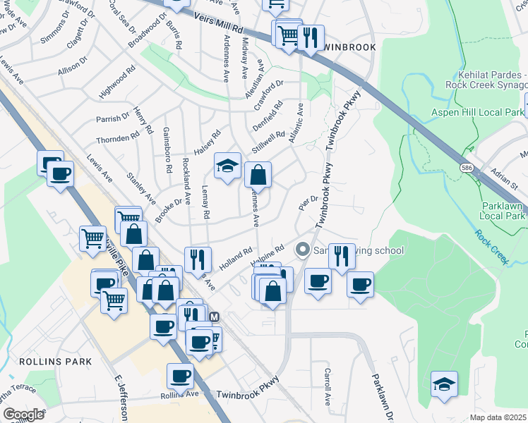 map of restaurants, bars, coffee shops, grocery stores, and more near 5816 Ridgway Avenue in Rockville