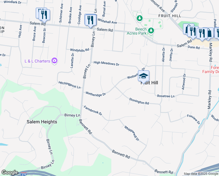 map of restaurants, bars, coffee shops, grocery stores, and more near 6798 Wetheridge Drive in Cincinnati