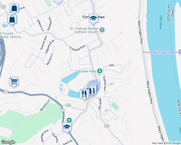 map of restaurants, bars, coffee shops, grocery stores, and more near 835 South Fort Thomas Avenue in Fort Thomas