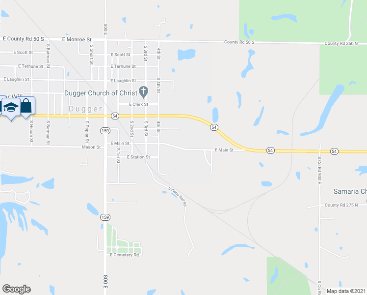 map of restaurants, bars, coffee shops, grocery stores, and more near 714173 East Main Street in Dugger