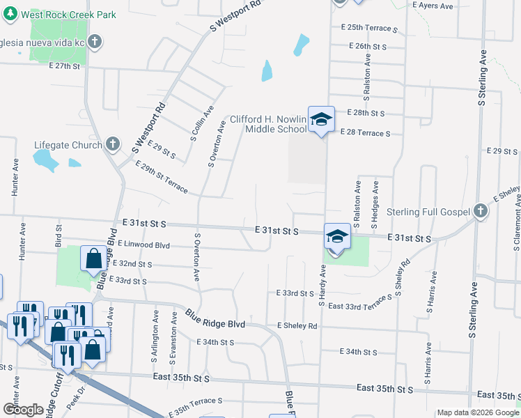 map of restaurants, bars, coffee shops, grocery stores, and more near 3017 South Hall Road in Independence