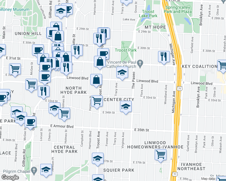 map of restaurants, bars, coffee shops, grocery stores, and more near 3227 Tracy Avenue in Kansas City
