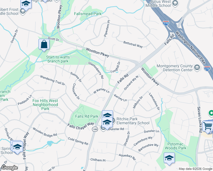 map of restaurants, bars, coffee shops, grocery stores, and more near 1705 Glastonberry Road in Rockville