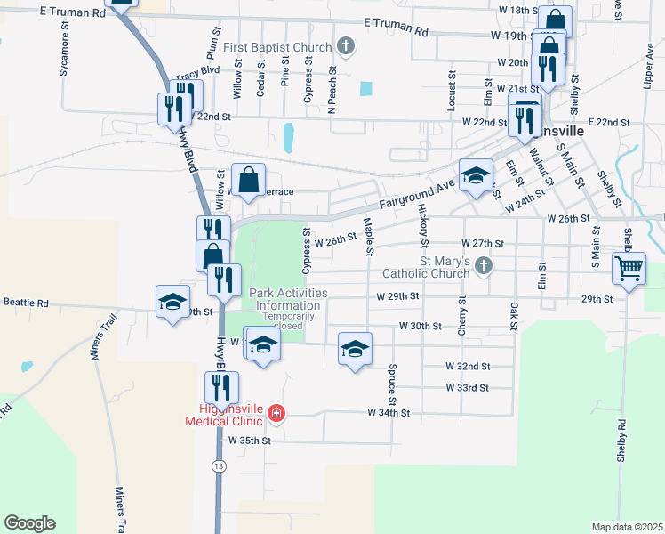 map of restaurants, bars, coffee shops, grocery stores, and more near 718 West Broadway Street in Higginsville