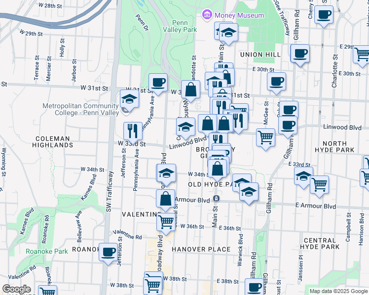 map of restaurants, bars, coffee shops, grocery stores, and more near 207 Linwood Boulevard in Kansas City