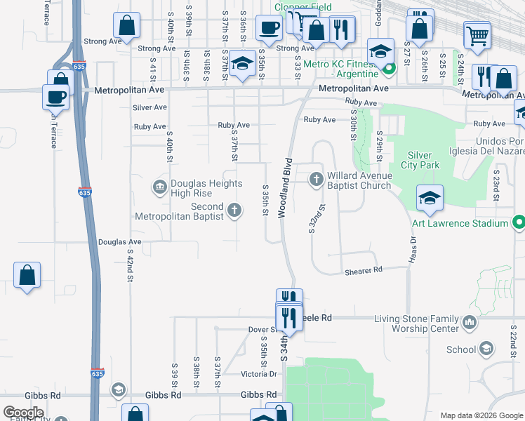 map of restaurants, bars, coffee shops, grocery stores, and more near 1806 South 35th Street in Kansas City