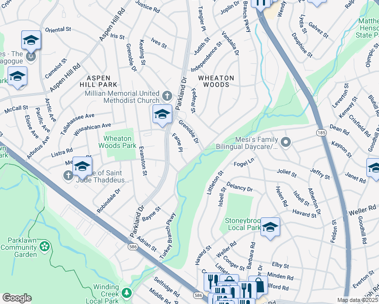 map of restaurants, bars, coffee shops, grocery stores, and more near 4411 Faroe Court in Rockville