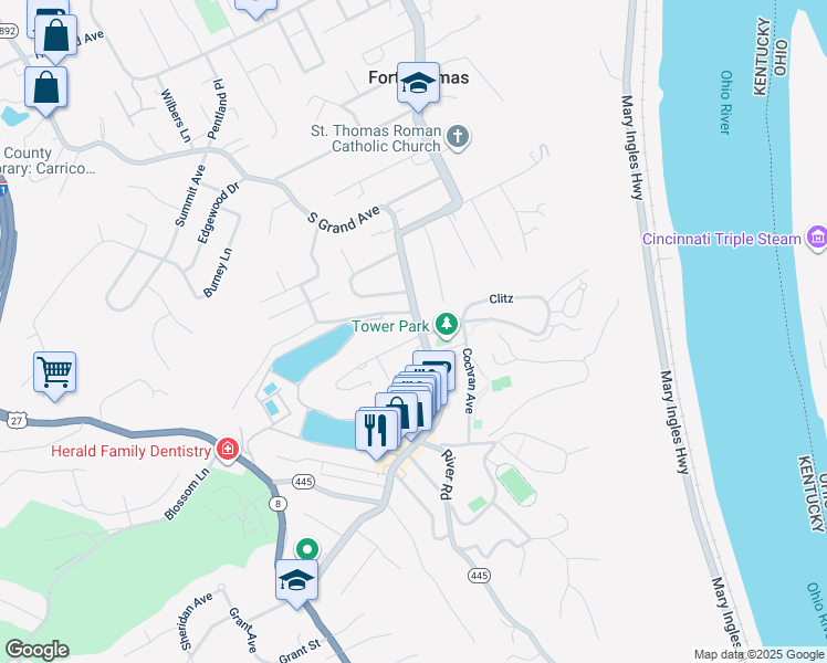map of restaurants, bars, coffee shops, grocery stores, and more near 835 South Fort Thomas Avenue in Fort Thomas