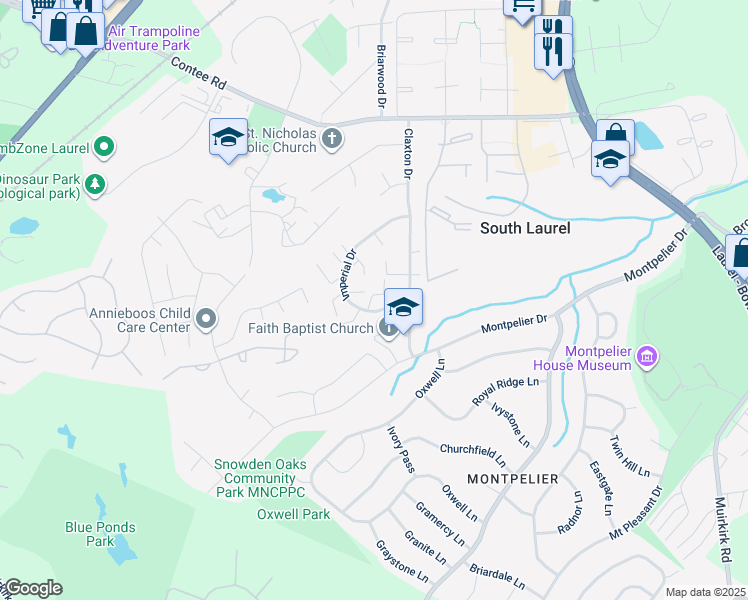 map of restaurants, bars, coffee shops, grocery stores, and more near 12838 Claxton Drive in Laurel