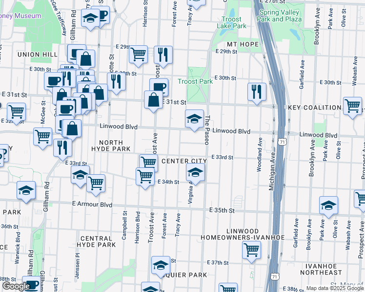 map of restaurants, bars, coffee shops, grocery stores, and more near 3227 Tracy Avenue in Kansas City