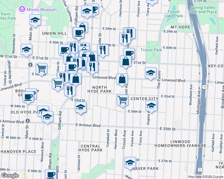 map of restaurants, bars, coffee shops, grocery stores, and more near 3234 Harrison Street in Kansas City