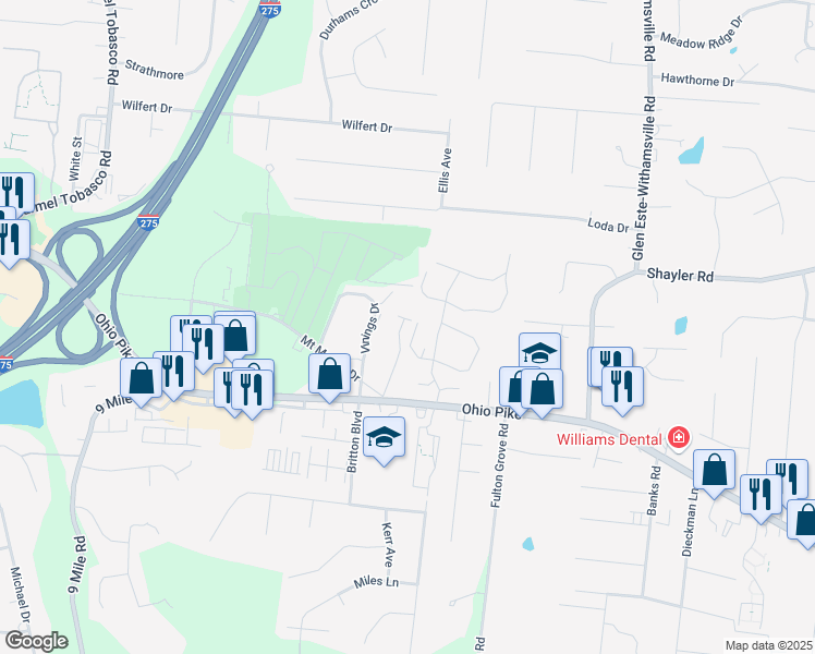 map of restaurants, bars, coffee shops, grocery stores, and more near 720 Ohio Pike in Cincinnati