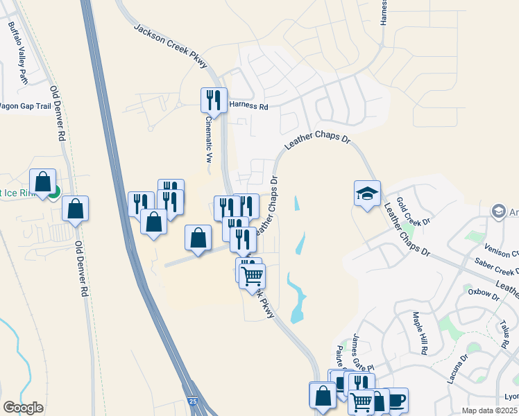 map of restaurants, bars, coffee shops, grocery stores, and more near 16055 Old Forest Point in Monument