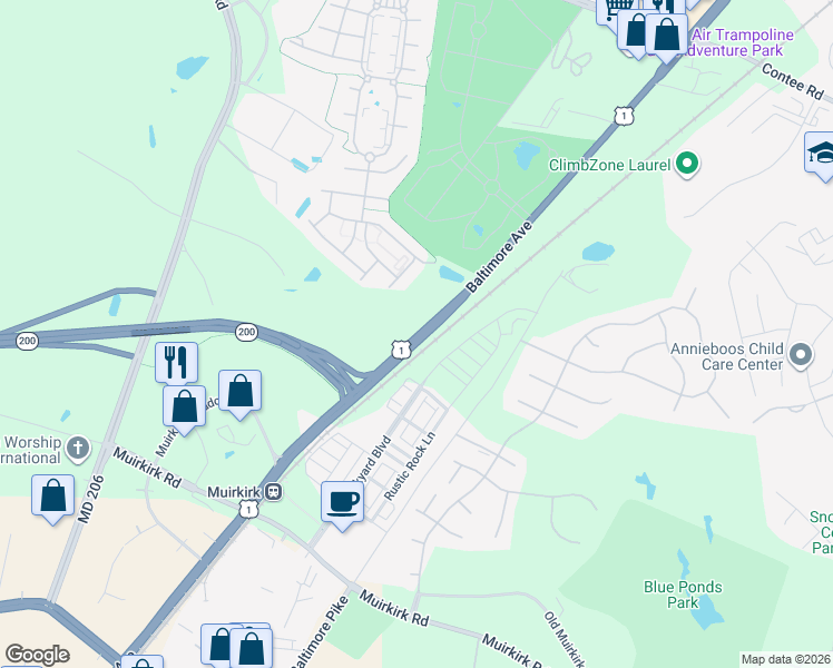 map of restaurants, bars, coffee shops, grocery stores, and more near 12910 Baltimore Avenue in Laurel